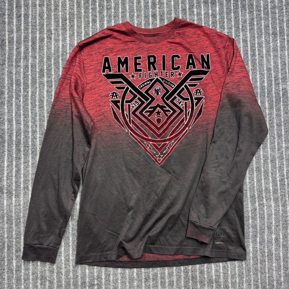 American Fighter Mens XL Long Sleeve Shirt Red Grey Ombre Graphic Buckle Tee